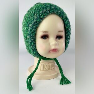 Hand Knitted Hand Made Baby Infant Bonnet Hat Green Blue with Braided Ties